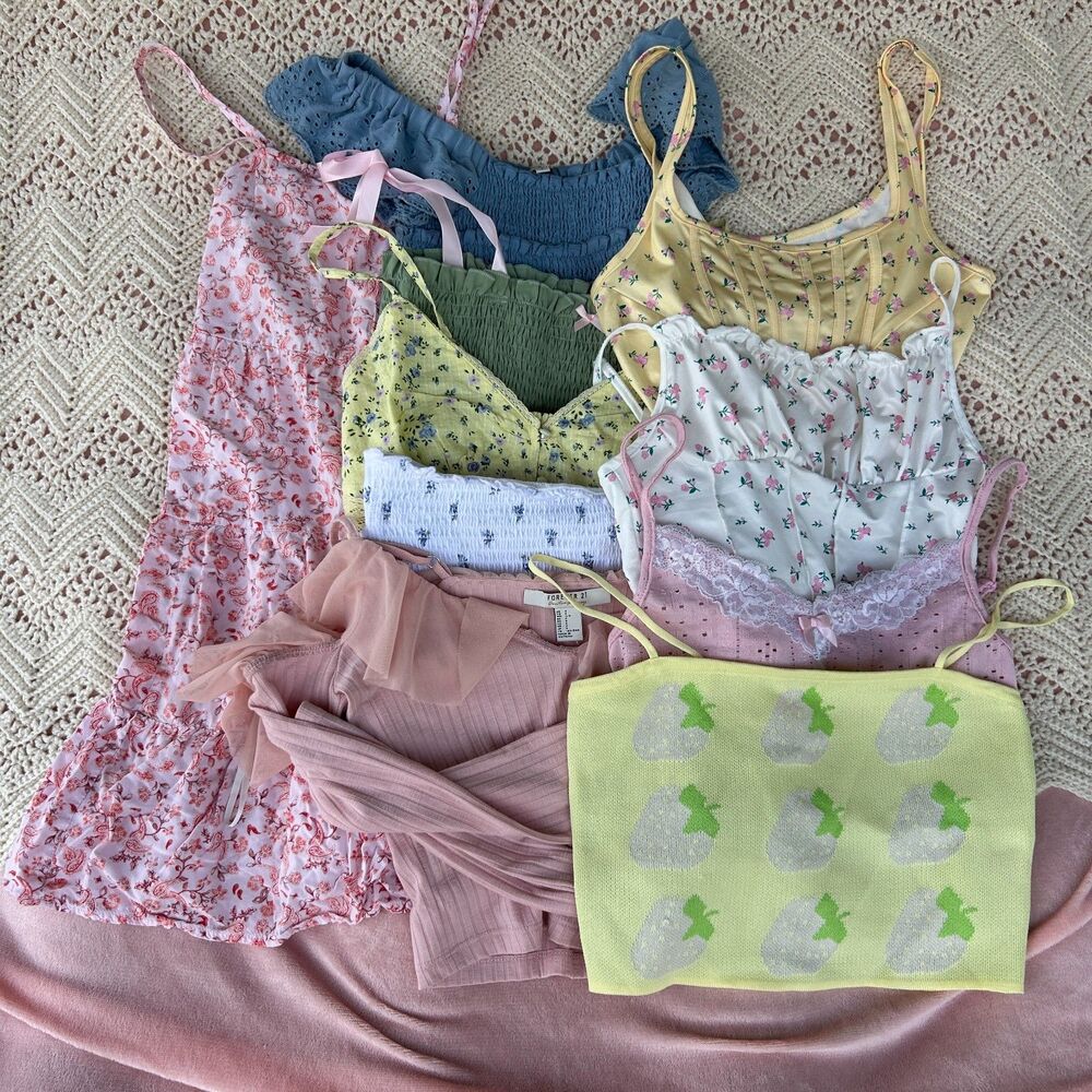 Small Bundle 10 Dress Crop Top Long Sleeve Ruffle Tank Cottagecore Boho Smocked